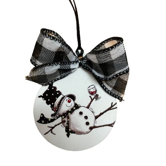 Mary B Decorative Art Other - Tipsy Snowman Buffalo Plaid Bow Christmas Holiday Ornament Wood